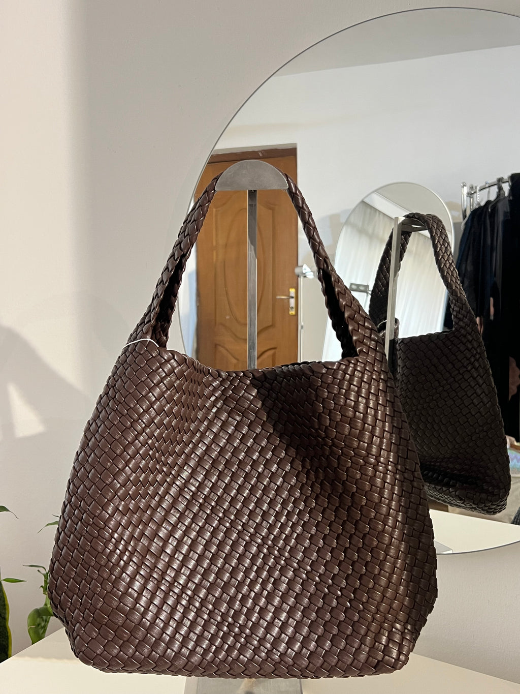 Woven leather tote